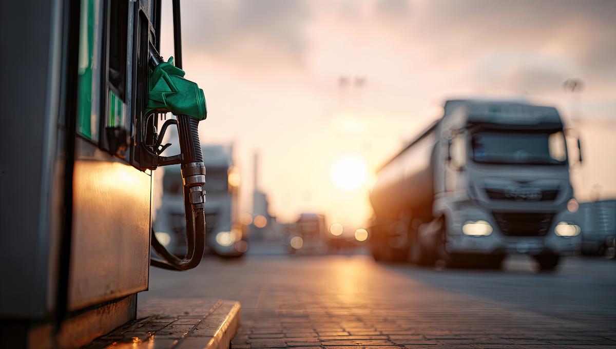 Fuel pump with trucks on a road at sunset.