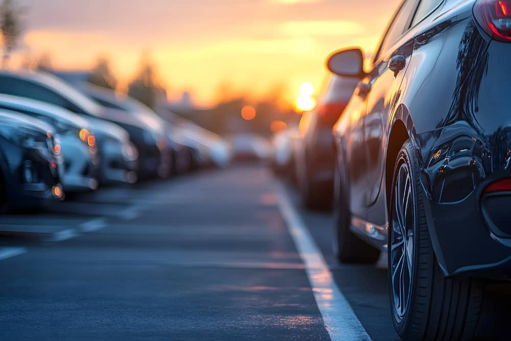 Row of parked cars at sunset in a car park