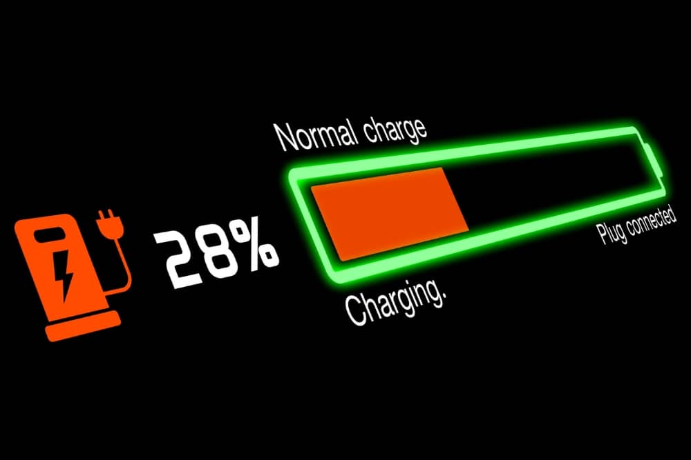 Electric vehicle dashboard showing 28% battery charge, symbolising the cost savings and employee car benefits of an EV salary sacrifice scheme with home charging.